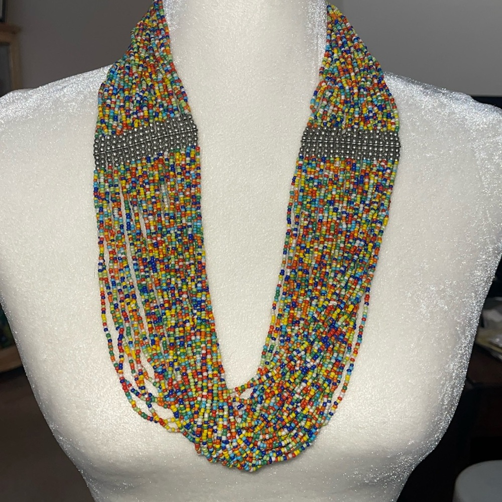 Mixed Bead‎ Multi Layered Necklace (Rainbow) with Silver Clasp and Accent